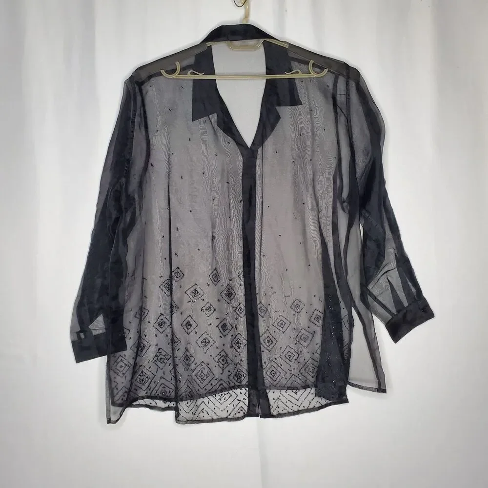 Venezia Sheer Button Collar Shirt Women 22 24 Black Beaded‎ Witchy Whimsigoth